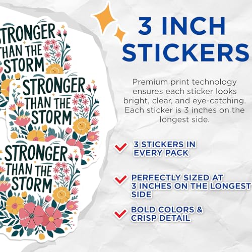 (3 Pack) Stronger Than The Storm Decals - Floral Quote - Inspirational Sticker - 3 Inches On Longest Side - Easy Peel & Apply - Made in USA - 3MCS4561