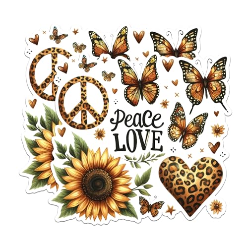 (2 Pack) Peace Love Butterfly Magnets - Sunflower Heart Magnets - Leopard Print Friend Magnets - Hippie Art Magnets- 5" On Longest Side - for Fridges, Toolboxes, Cars - Made in USA - MAG2910