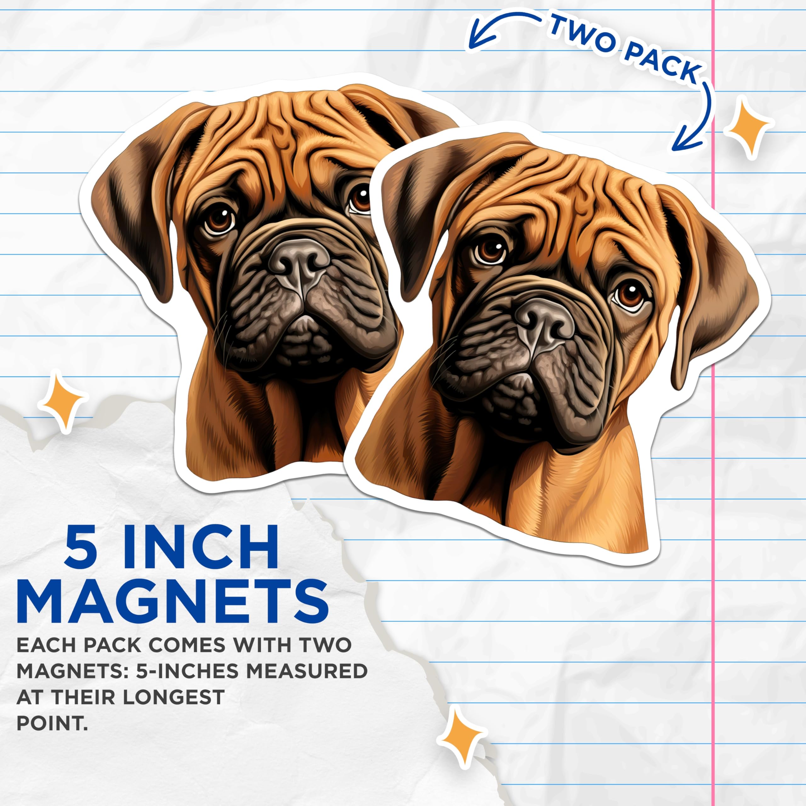 (2 Pack) Fawn Mastiff Puppy Magnets - Wrinkled Dog Face Decor - Pet Lover Refrigerator Art for Dog Owners - 5 Inches On Longest Side - Thick Durable Magnet - Made in USA - MAG27219