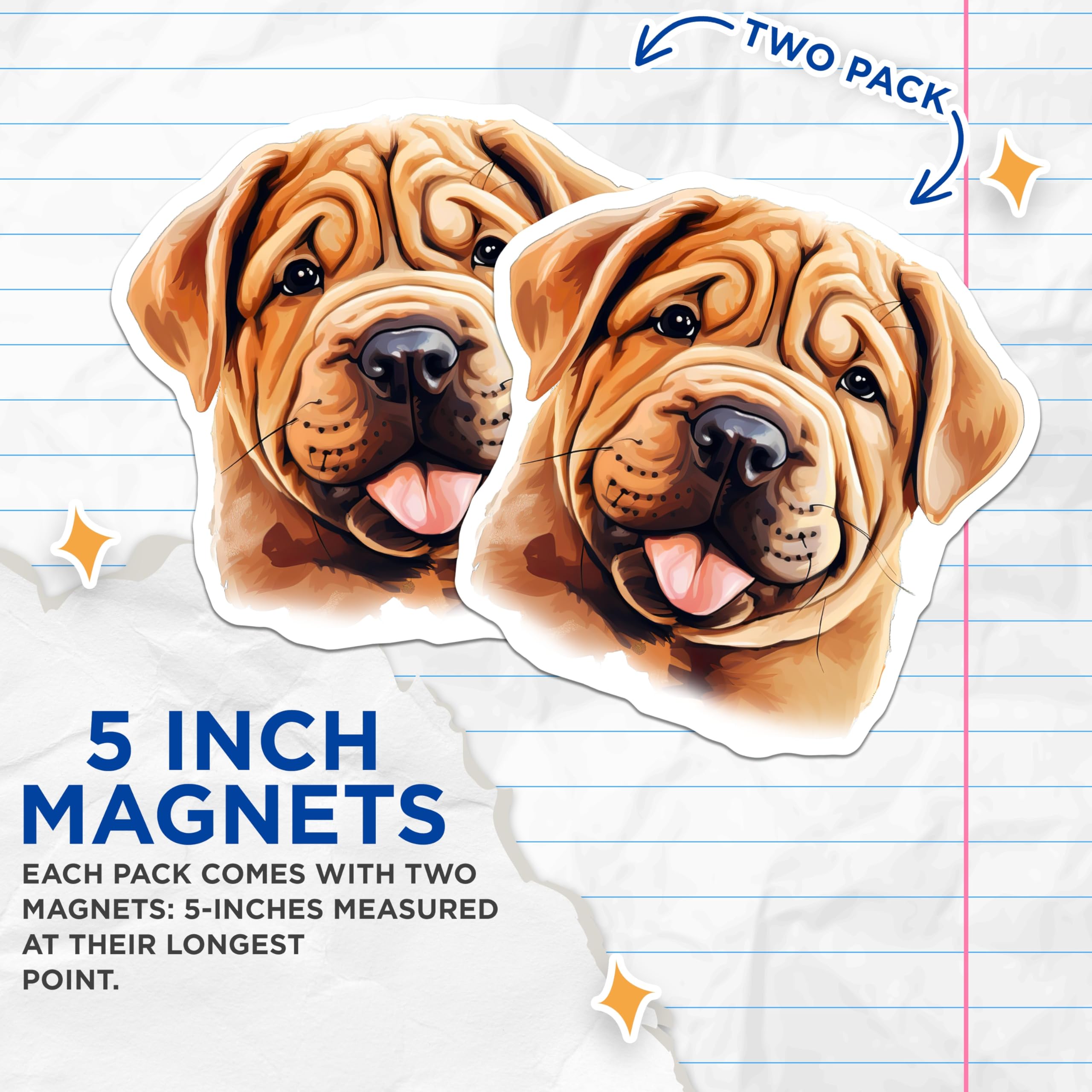 (2 Pack) Shar Pei Dog Magnets - Adorable Wrinkled Puppy Art - Dog Lover Kitchen Decor - Pet Parent Refrigerator Accent - 5 Inches On Longest Side - Thick Durable Magnet - Made in USA - MAG26662