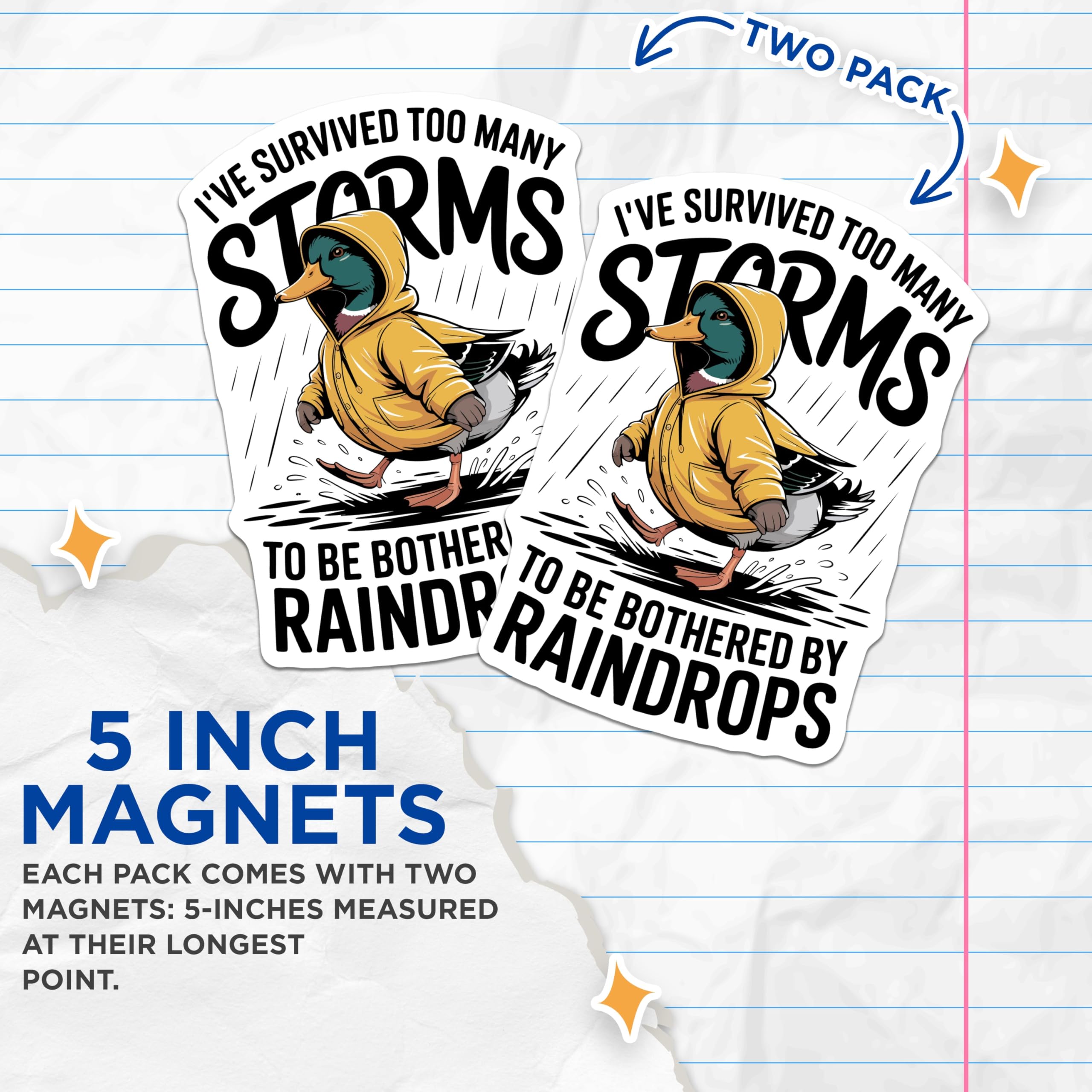 (2 Pack) Funny Duck Magnets - Mallard in Yellow Raincoat - Storm Survivor Quote Weather Resilient Bird Magnet - 5 Inches On Longest Side - Thick Durable Magnet - Made in USA - MAG21216
