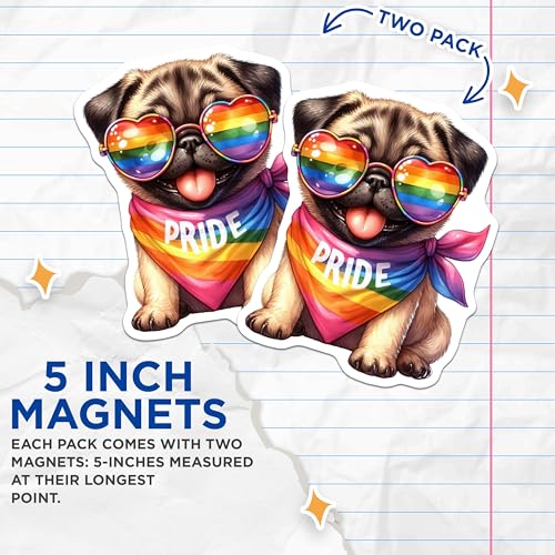 (2 Pack) Pride Pug Magnets - Cute Dog Magnet - Rainbow Heart Sunglass Magnet - LGBTQ Pug Decor - Puppy Magnet - 5" On Longest Side - for Cars, Fridges, Toolboxes - Made in USA - MAG7265