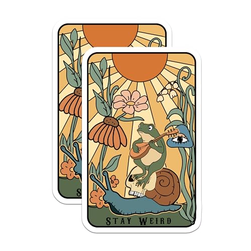 (2 Pack) Stay Weird Stickers - Frog Playing Guitar Sticker - Snail Sticker - Cool Retro Aesthetic Sticker - 5" On Longest Side - Sticks to Smooth Flat Surfaces - Made in USA - BMCS6409