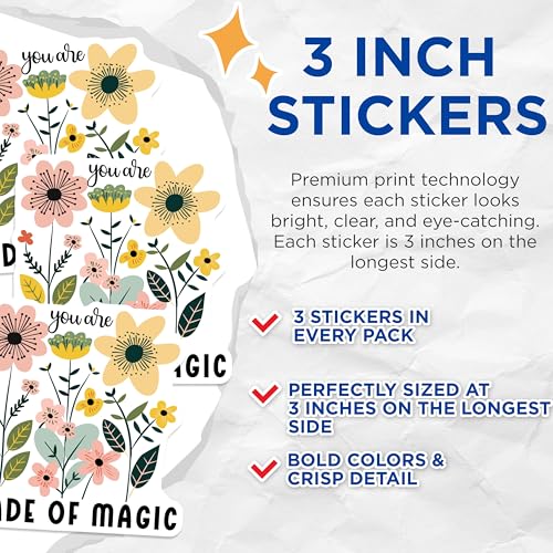 (3 Pack) Floral Magic Decals - Motivational Decal - You are Made of Magic Decor - 3 Inches On Longest Side - Easy Peel & Apply - Made in USA - 3MCS2638