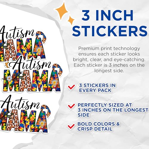 (3 Pack) Autism Mama Decals - Puzzle Piece Decal - Autism Awareness Laptop Decal - 3 Inches On Longest Side - Easy Peel & Apply - Made in USA - 3MCS0952