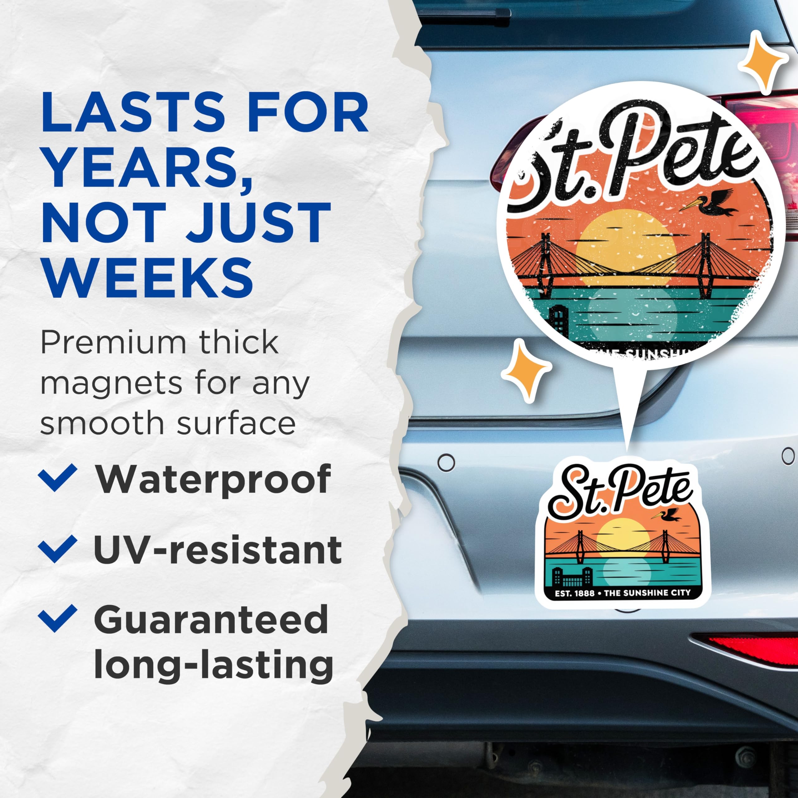 (2 Pack) St Pete Florida Magnets - Sunshine City Decor - Travel Souvenir - 5" On Longest Side - Premium Magnet - for Cars, Refrigerators, Toolboxes, Lockers - Made in USA - MAG17174