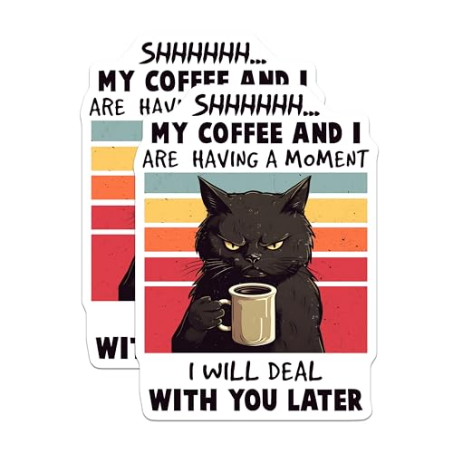 (2 Pack) Funny Cat Stickers - Coffee Lover - Shhhh Moment - Humor - 5" On Longest Side - Sticks to Smooth Flat Surfaces - Made in USA - BMCS7830