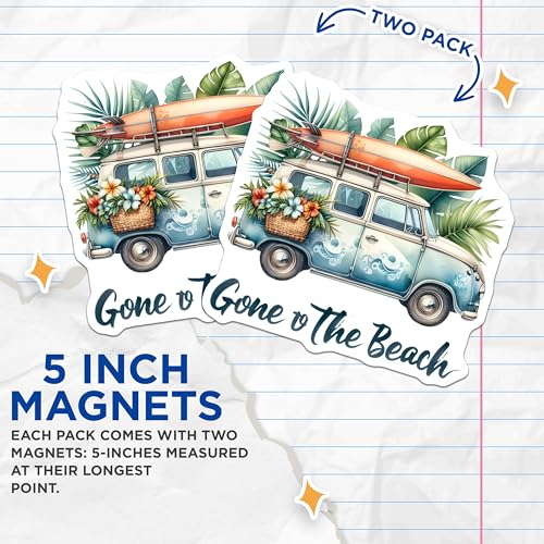 (2 Pack) Gone to The Beach Magnets Magnets - Surfboard Magnet - Tropical Beach Car Magnet - 5" On Longest Side - Made in USA - Sticks to Refrigerators & Metal Surfaces - MAG9288