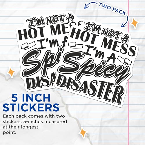 (2 Pack) Hot Mess Stickers - Funny Quote - Spicy Disaster Decal - 5" On Longest Side - Sticks to Smooth Flat Surfaces - Made in USA - BMCS8912
