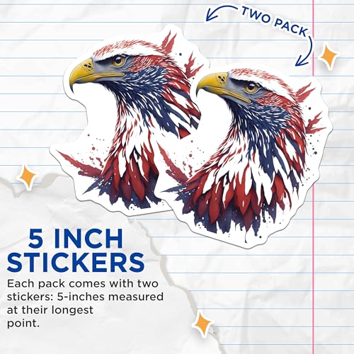 (2 Pack) Patriotic Eagle Stickers - American Bald Eagle Decal - Independence Day Stickers - 5" On Longest Side - Sticks to Smooth Flat Surfaces - Made in USA - BMCS6766