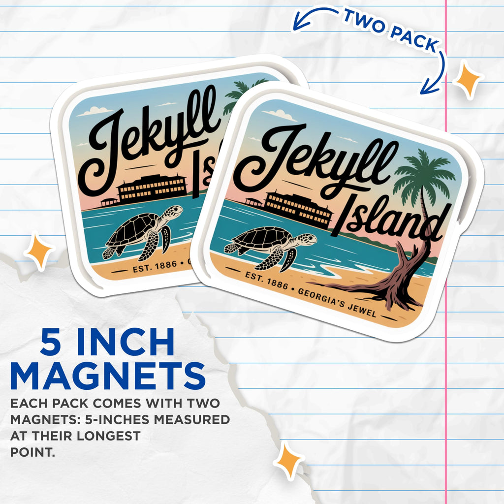 (2 Pack) Jekyll Island Magnets - Georgia Travel Souvenir - Sea Turtle Decor - 5" On Longest Side - Premium Magnet - for Cars, Refrigerators, Toolboxes, Lockers - Made in USA - MAG17868