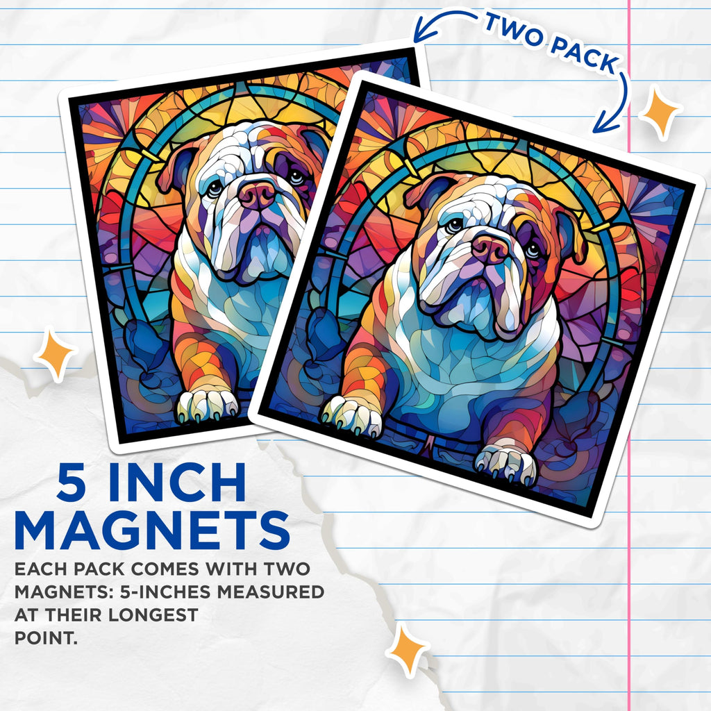 (2 Pack) Bulldog Magnets - Stained Glass Bulldog - Dog Lover Refrigerator Magnets - 5" On Longest Side - Premium Magnet - for Cars, Refrigerators, Toolboxes, Lockers - Made in USA - MAG16139