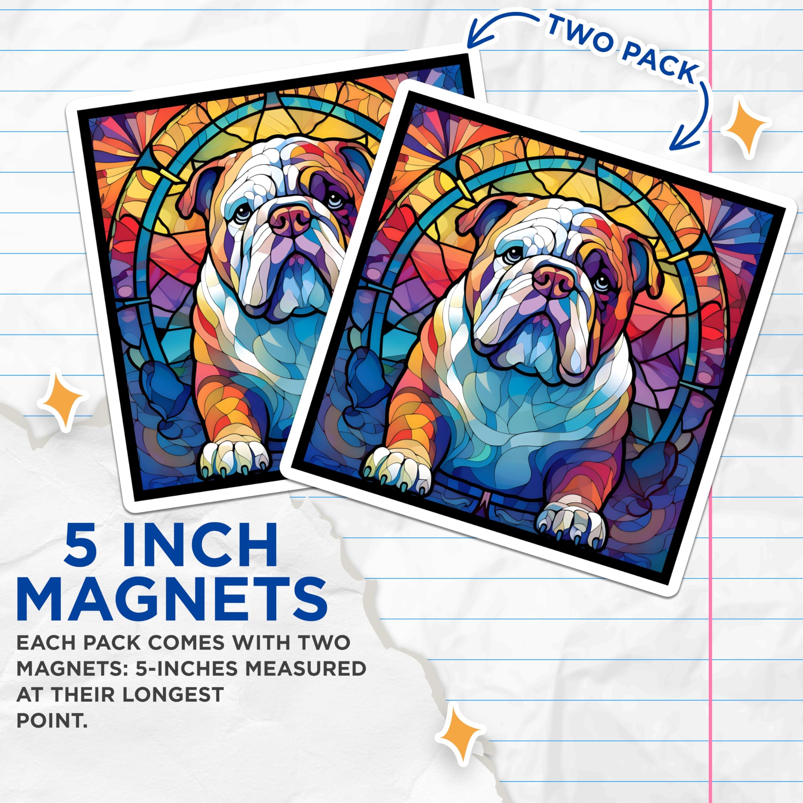 (2 Pack) Bulldog Magnets - Stained Glass Bulldog - Dog Lover Refrigerator Magnets - 5" On Longest Side - Premium Magnet - for Cars, Refrigerators, Toolboxes, Lockers - Made in USA - MAG16139