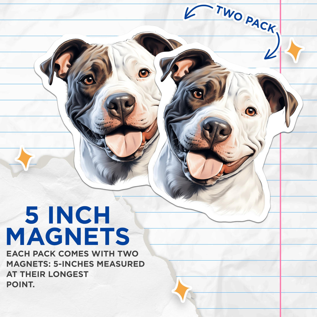 (2 Pack) Happy Pitbull Dog Magnets - Smiling Pitbull Face Art - Pet Lover Refrigerator Decor - Dog Breed Collectibles - 5 Inches On Longest Side - Thick Durable Magnet - Made in USA - MAG24927