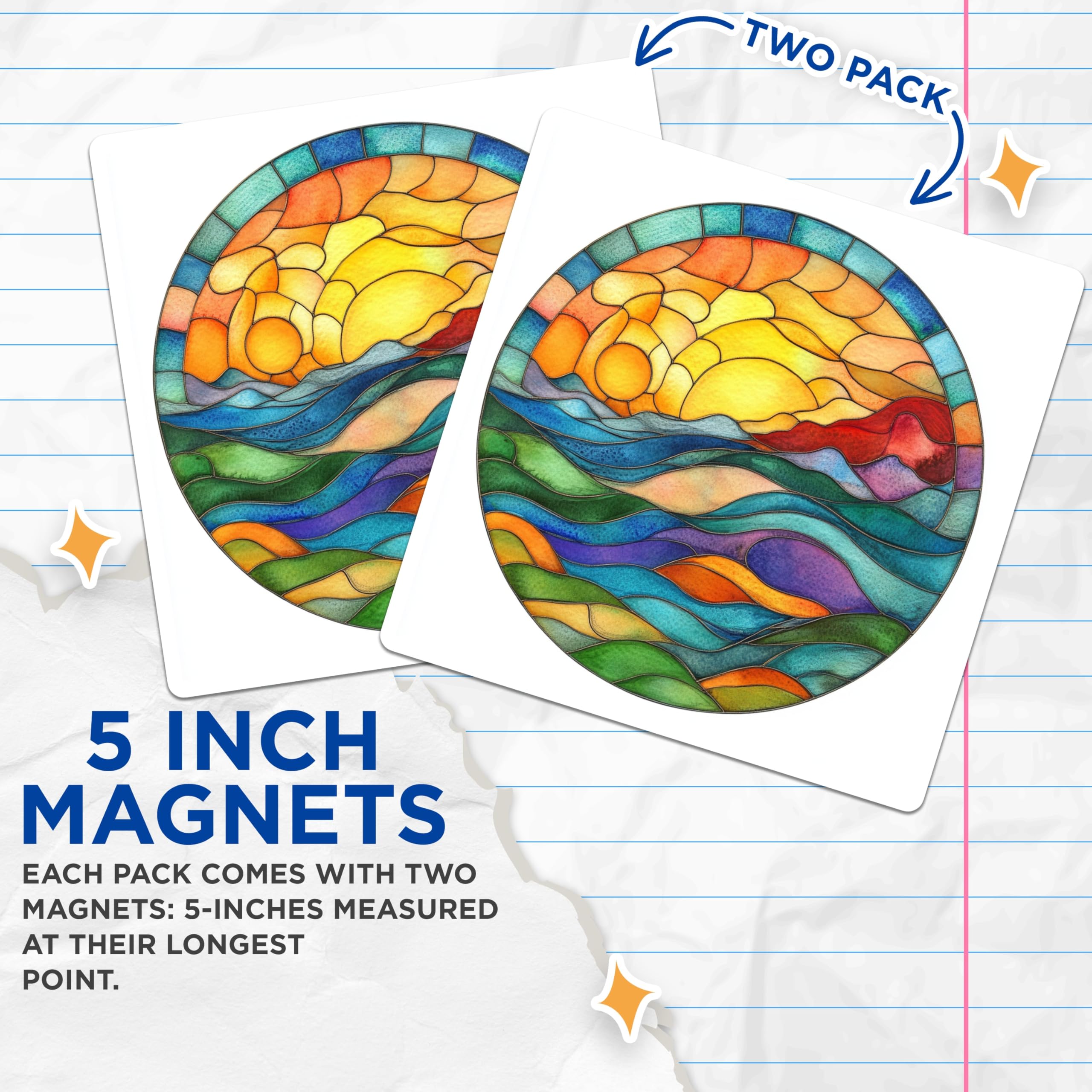 (2 Pack) Stained Glass Sunset Magnets - Abstract Ocean Waves - Colorful Nature Art Decor - 5 Inches On Longest Side - Thick Durable Magnet - Made in USA - MAG25051