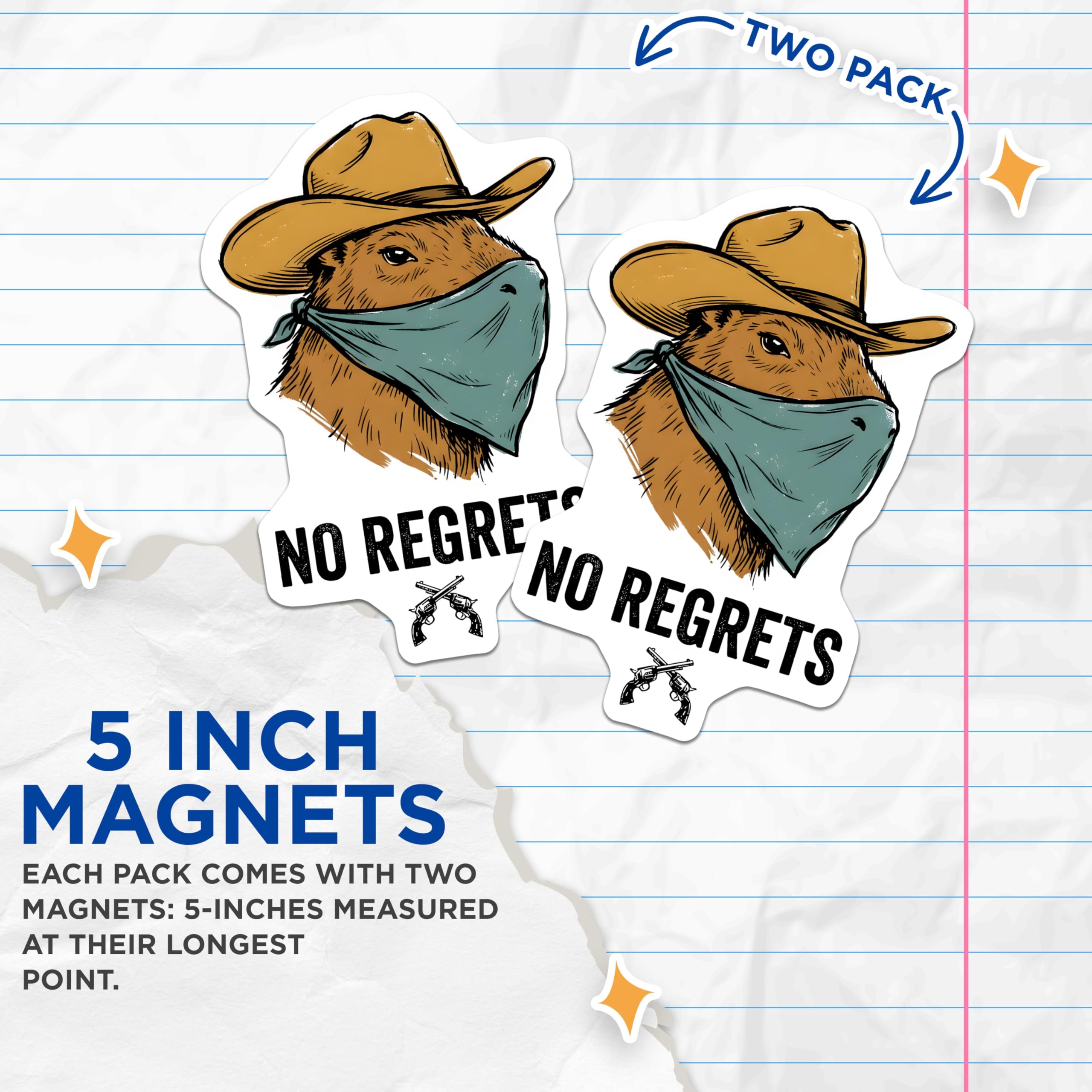 (2 Pack) Capybara Magnets - Cowboy Capybara - No Regrets Art - 5" On Longest Side - Premium Magnet - for Cars, Refrigerators, Toolboxes, Lockers - Made in USA - MAG14533