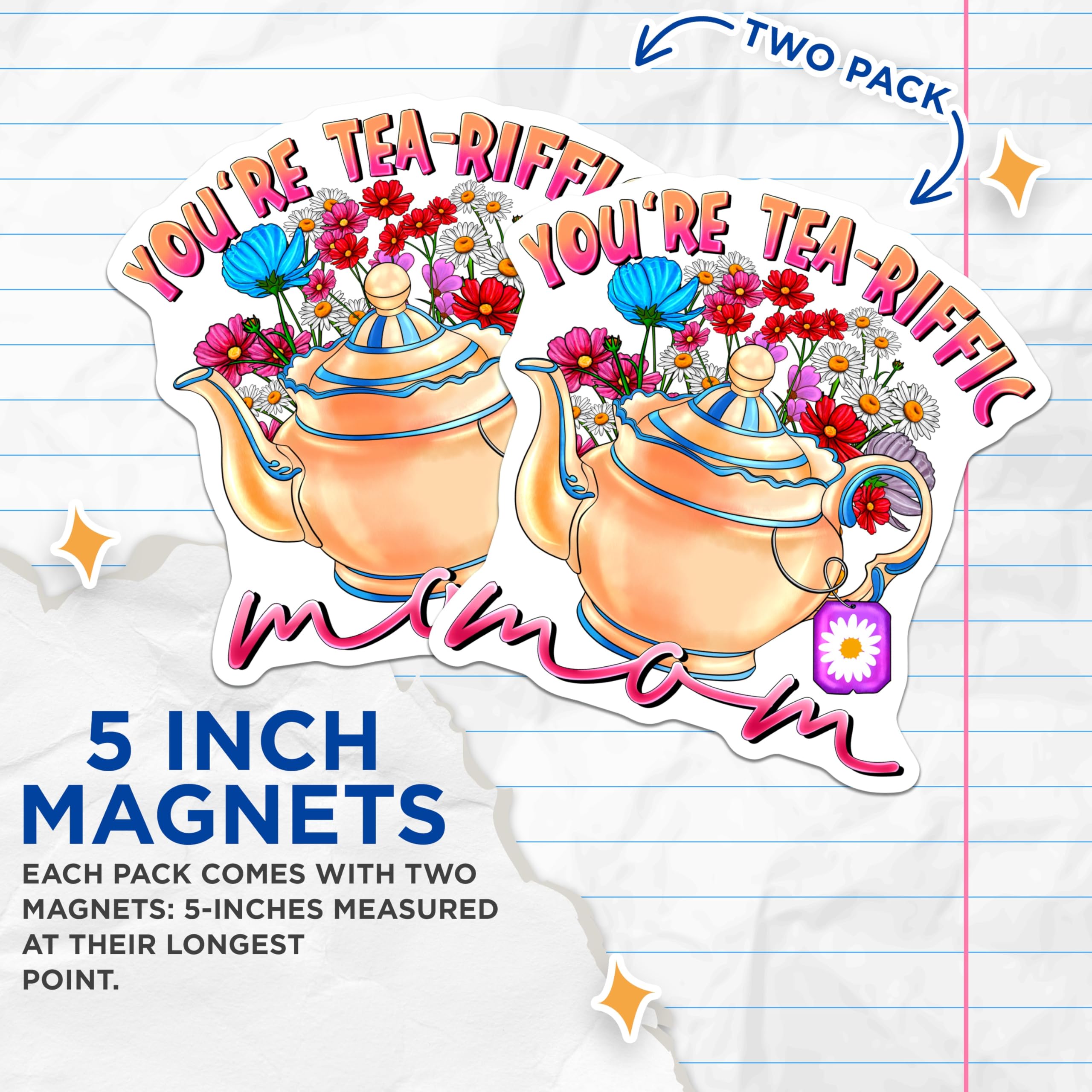 (2 Pack) Tea-Riffic Mom Magnets - Charming Floral Teapot Design - Mothers Day Kitchen Refrigerator Art - 5 Inches On Longest Side - Thick Durable Magnet - Made in USA - MAG24189