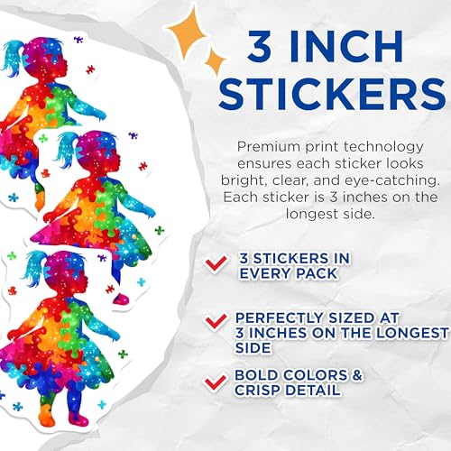 (3 Pack) Autism Awareness Decals - Puzzle Girl - Laptop Stickers - 3 Inches On Longest Side - Easy Peel & Apply - Made in USA - 3MCS6666