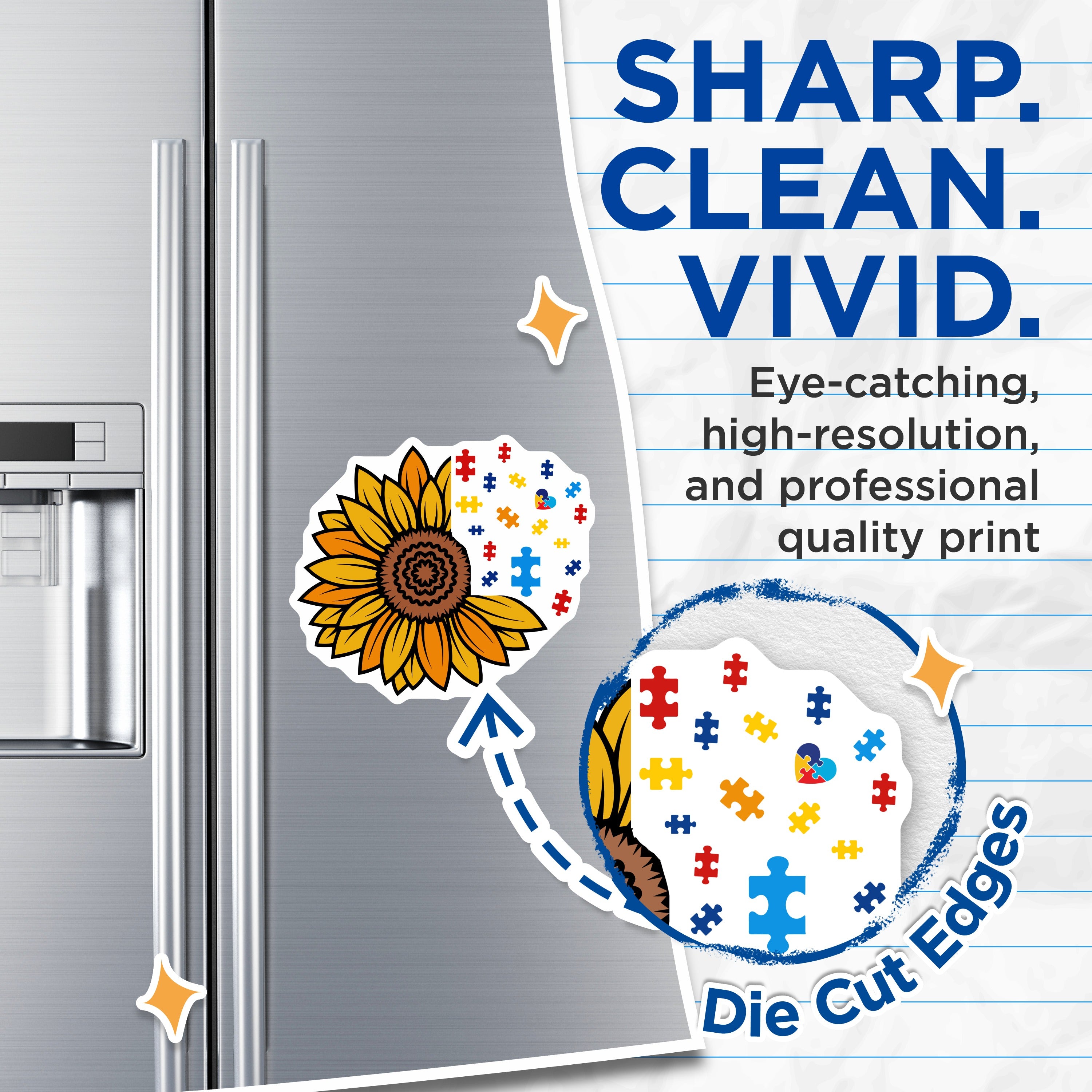 (2 Pack) Autism Awareness Sunflower Magnets - Puzzle Piece Neurodiversity Support - Special Ed Advocate Decor - 5 Inches On Longest Side - Thick Durable Magnet - Made in USA - MAG38977