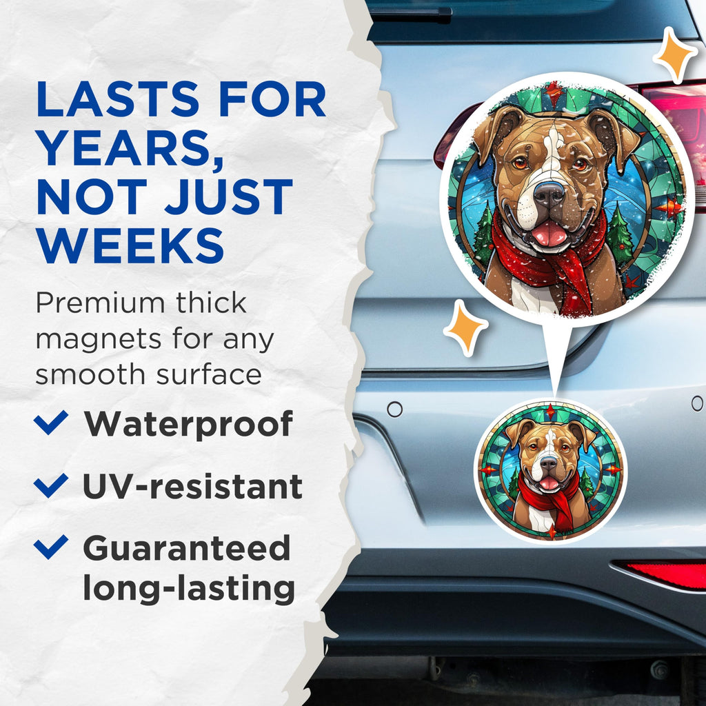 (2 Pack) Christmas Pitbull Magnets - Stained Glass Dog Art - Holiday Pet Lover Decor - 5 Inches On Longest Side - Thick Durable Magnet - Made in USA - MAG25745