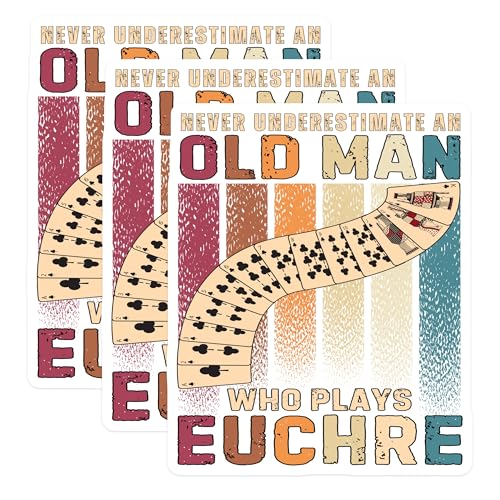 (3 Pack) Euchre Player Decals - Old Man Card Player - Euchre Lover Gift - 3 Inches On Longest Side - Easy Peel & Apply - Made in USA - 3MCS2244