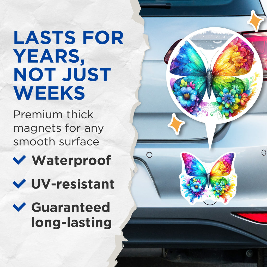 (2 Pack) Rainbow Butterfly Magnets - Vibrant Floral Wing Art - Whimsical Nature Decor - 5 Inches On Longest Side - Thick Durable Magnet - Made in USA - MAG36557