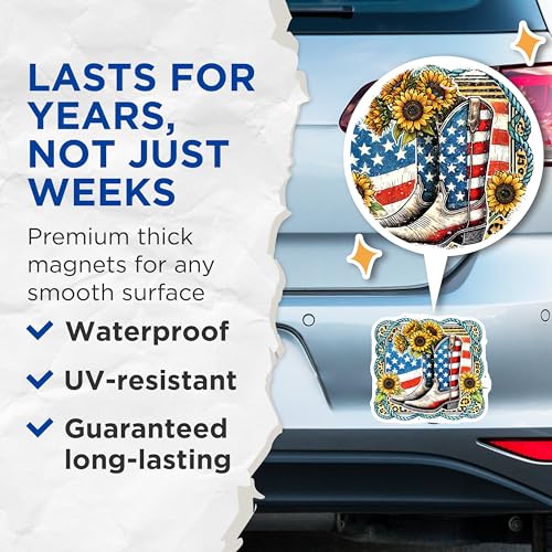 (2 Pack) USA Flag Cowboy Boots Magnets - Patriotic Sunflowers - American Flag Decor - 5" On Longest Side - for Cars, Fridges, Toolboxes - Made in USA - MAG7875