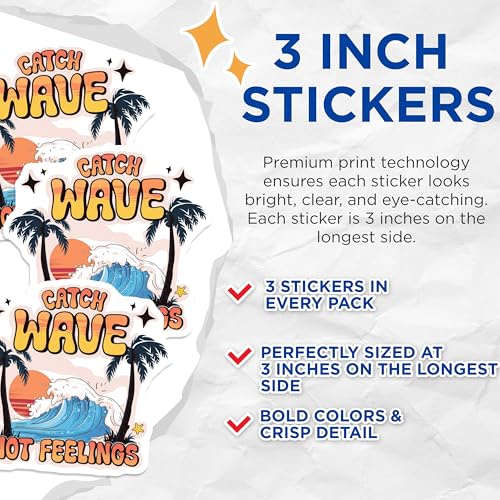 (3 Pack) Catch Wave Not Feelings Decals - Surfing - Beach Vibes Laptop Decal - 3 Inches On Longest Side - Easy Peel & Apply - Made in USA - 3MCS7396