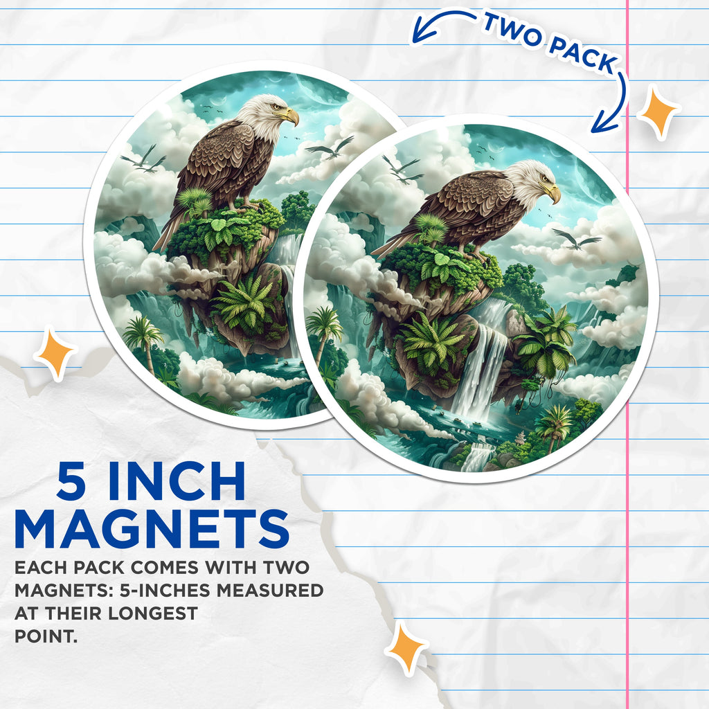 (2 Pack) Bald Eagle Magnets - Majestic Wildlife Fantasy Art - Floating Island Waterfall Nature Scene Refrigerator Locker Decor - 5" - Durable Magnet - Made in USA - MAG37610