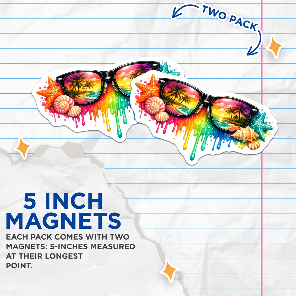 (2 Pack) Beach Sunset Sunglasses Magnets - Tropical Summer Vacation - Colorful Ocean Art - 5 Inches On Longest Side - Thick Durable Magnet - Made in USA - MAG36091