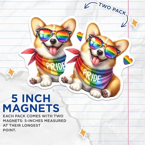 (2 Pack) Pride Corgi Magnets - Rainbow Dog Magnet - LGBTQ Support Magnets - 5" On Longest Side - for Cars, Fridges, Toolboxes - Made in USA - MAG7209