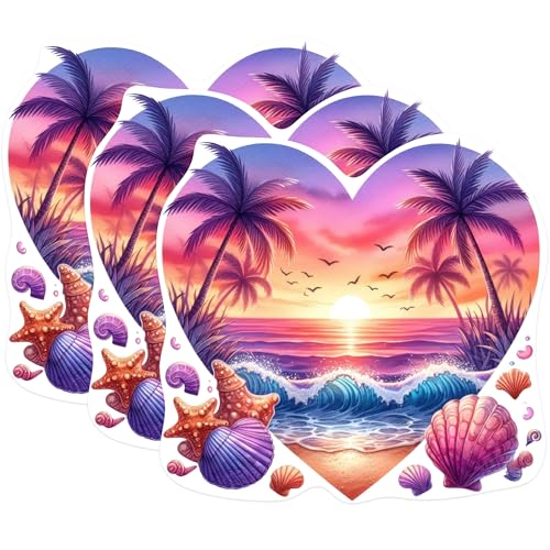 (3 Pack) Beach Sunset Decals - Tropical Palm Tree Decals - Ocean Waves - 3 Inches On Longest Side - Easy Peel & Apply - Made in USA - 3MCS1013