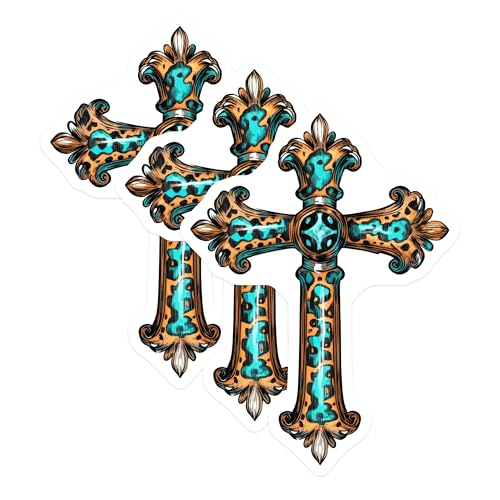 (3 Pack) Leopard Cross Decals - Turquoise Accents - Ornate Christian Decals - 3 Inches On Longest Side - Easy Peel & Apply - Made in USA - 3MCS7491