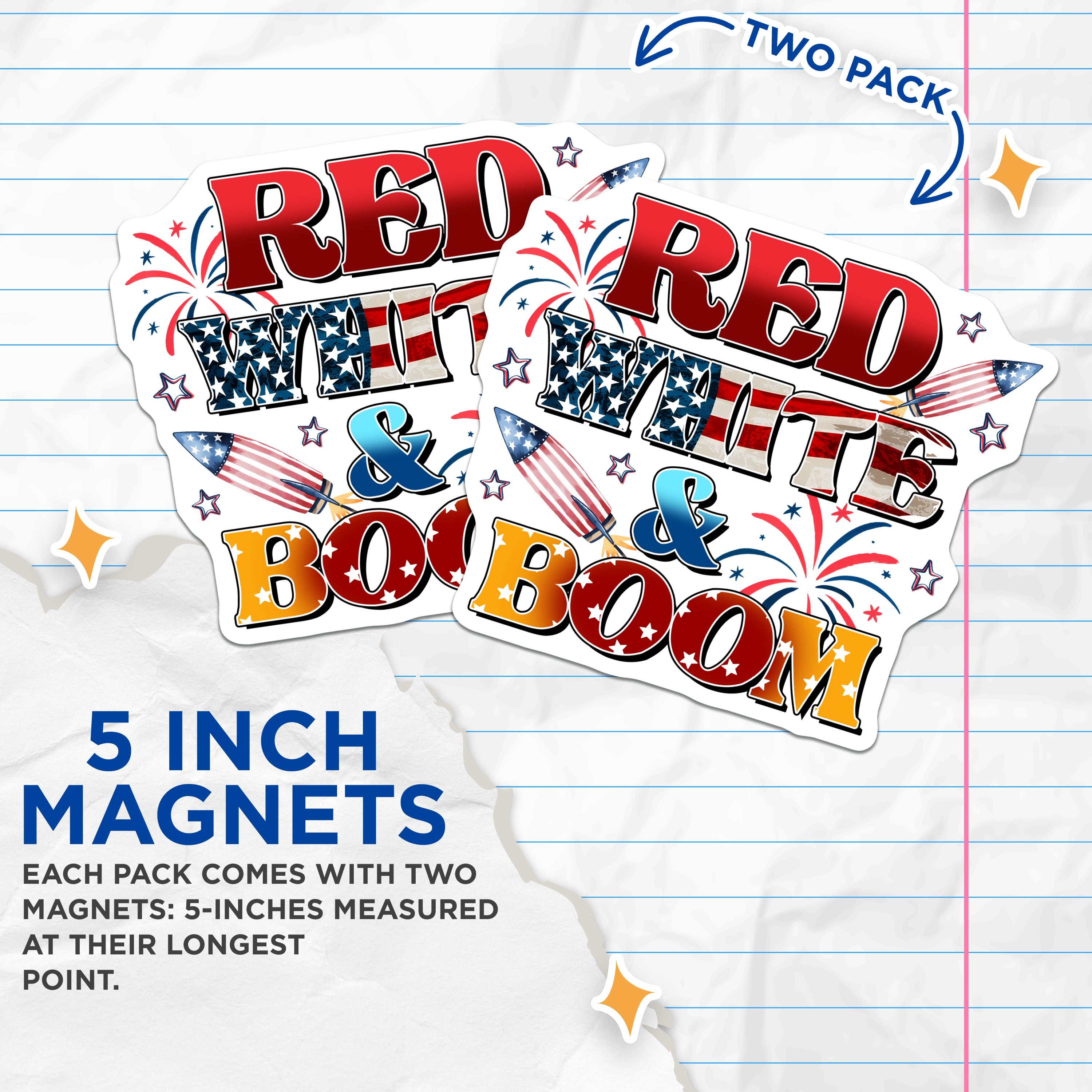 (2 Pack) Red White Boom Magnets - Patriotic Decor - Fourth of July Celebration - Americana USA Pride - 5 Inches On Longest Side - Thick Durable Magnet - Made in USA - MAG39998