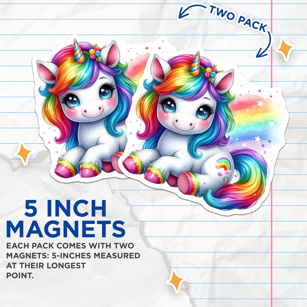 (2 Pack) Cute Unicorn Magnets - Kawaii Rainbow Animal Decor - Kids Refrigerator Locker Accessory - 5 Inches On Longest Side - Thick Durable Magnet - Made in USA - MAG39571