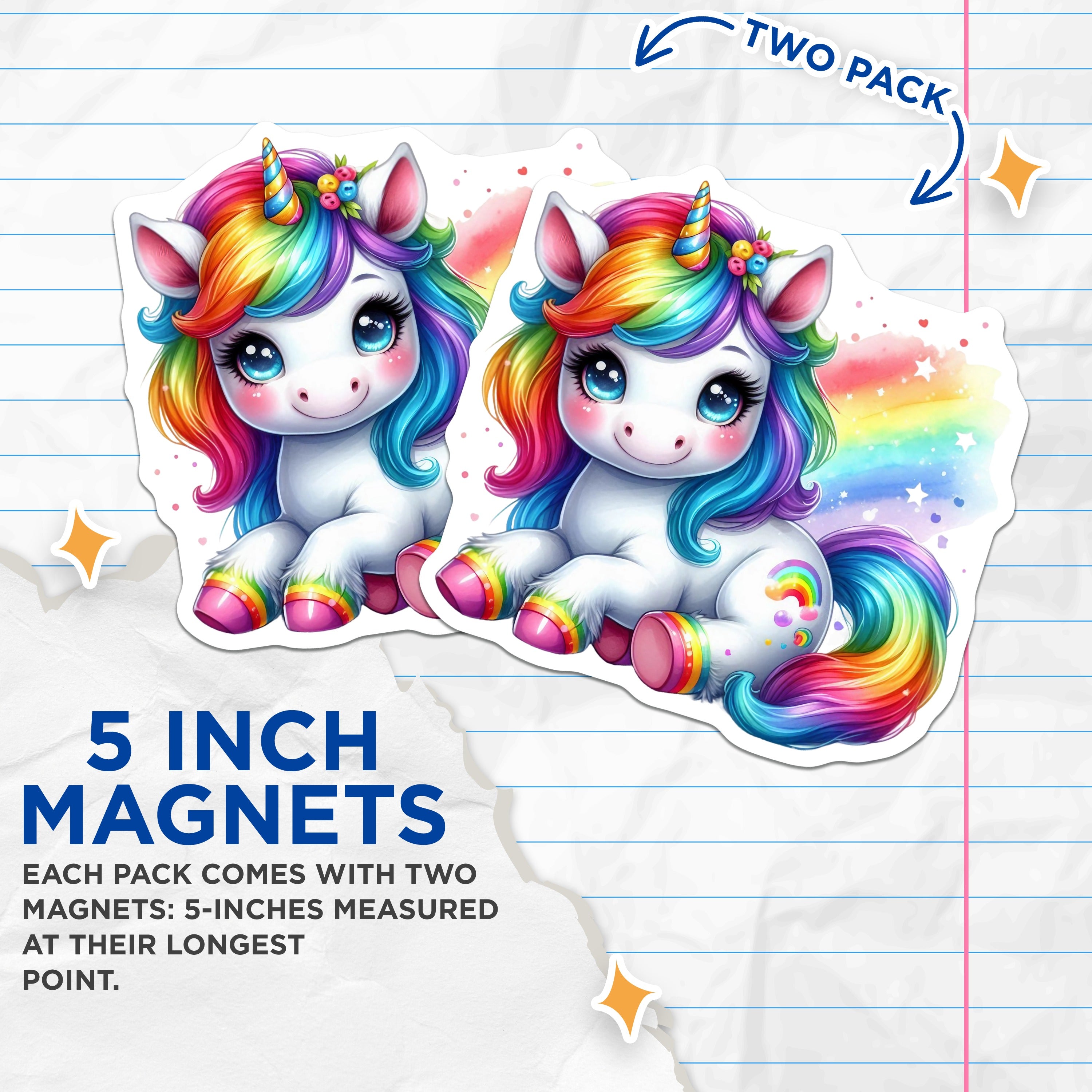 (2 Pack) Cute Unicorn Magnets - Kawaii Rainbow Animal Decor - Kids Refrigerator Locker Accessory - 5 Inches On Longest Side - Thick Durable Magnet - Made in USA - MAG39571