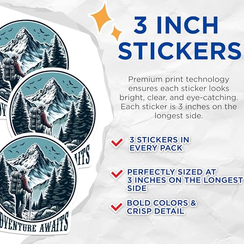 (3 Pack) Adventure Awaits Decals - Hiker Mountain Decals - Laptop Decal - 3 Inches On Longest Side - Easy Peel & Apply - Made in USA - 3MCS2043