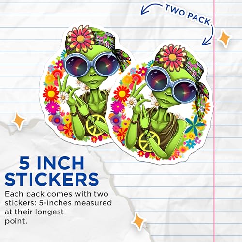 (2 Pack) Alien Hippie Stickers - Flower Power - Peace and Love - 5" On Longest Side - Sticks to Smooth Flat Surfaces - Made in USA - BMCS7762