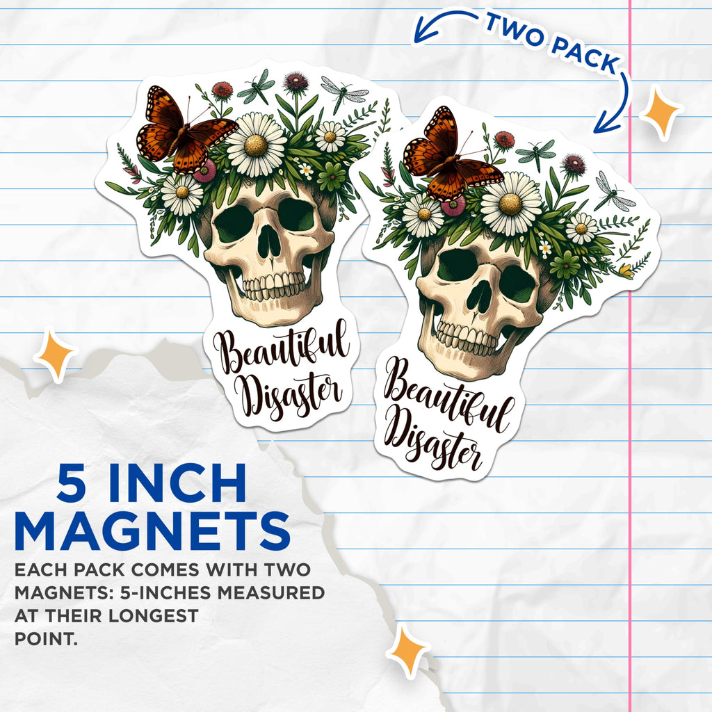 (2 Pack) Skull Floral Magnets - Butterfly Dragonfly - Gothic Home Decor - 5" On Longest Side - Premium Magnet - for Cars, Refrigerators, Toolboxes, Lockers - Made in USA - MAG15811