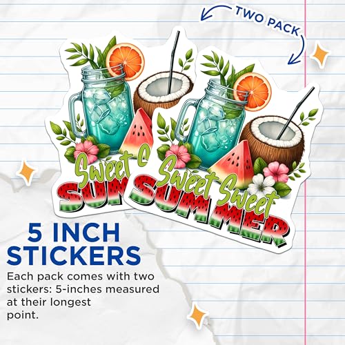 (2 Pack) Sweet Sweet Summer Stickers - Summer Vacation - Tropical Drink - Watermelon Coconut - 5" On Longest Side - Sticks to Smooth Flat Surfaces - Made in USA - BMCS8313