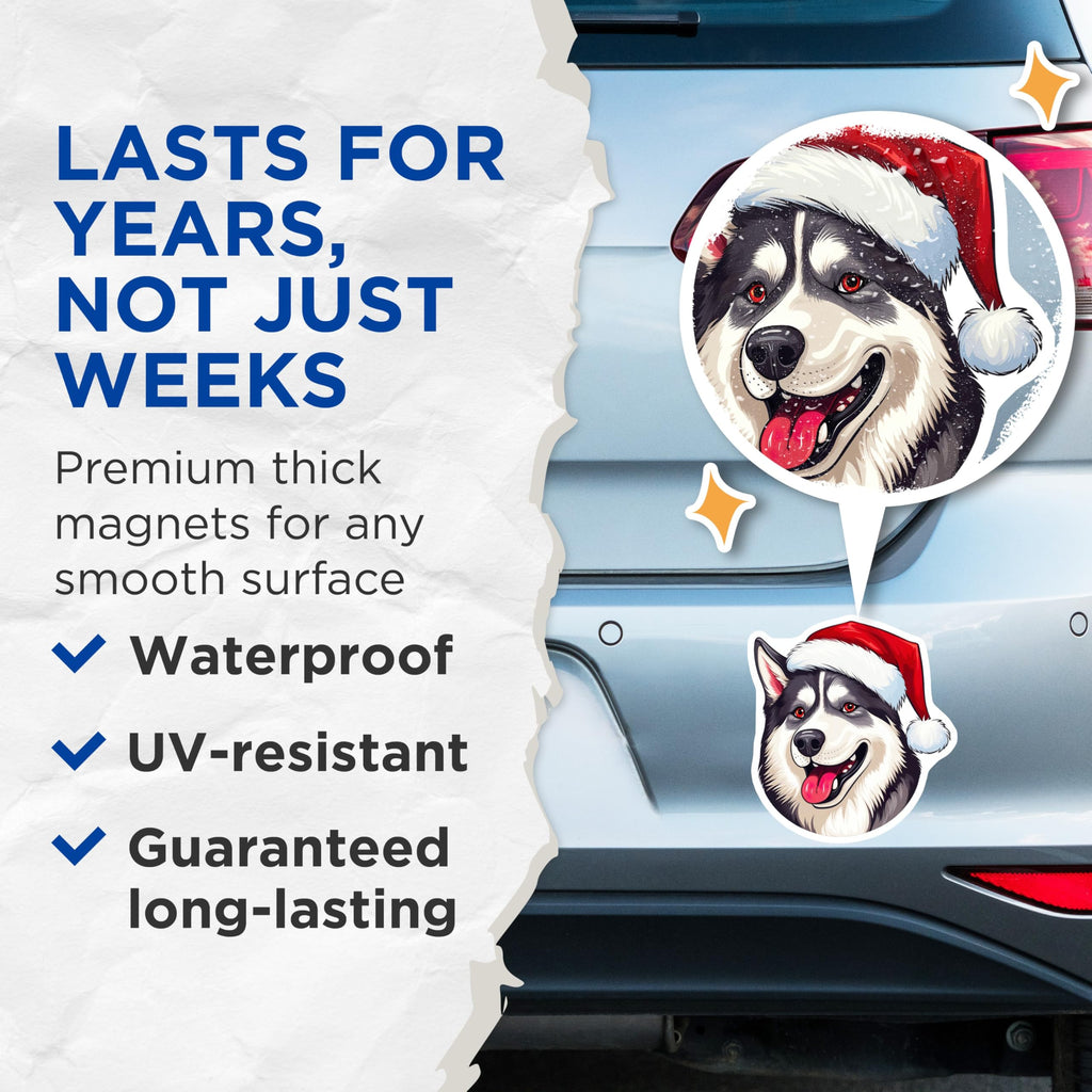 (2 Pack) Husky Dog Christmas Magnets - Santa Hat Pet Decor - Winter Holiday Animal Fun Fridge Magnets - 5 Inches On Longest Side - Thick Durable Magnet - Made in USA - MAG26192