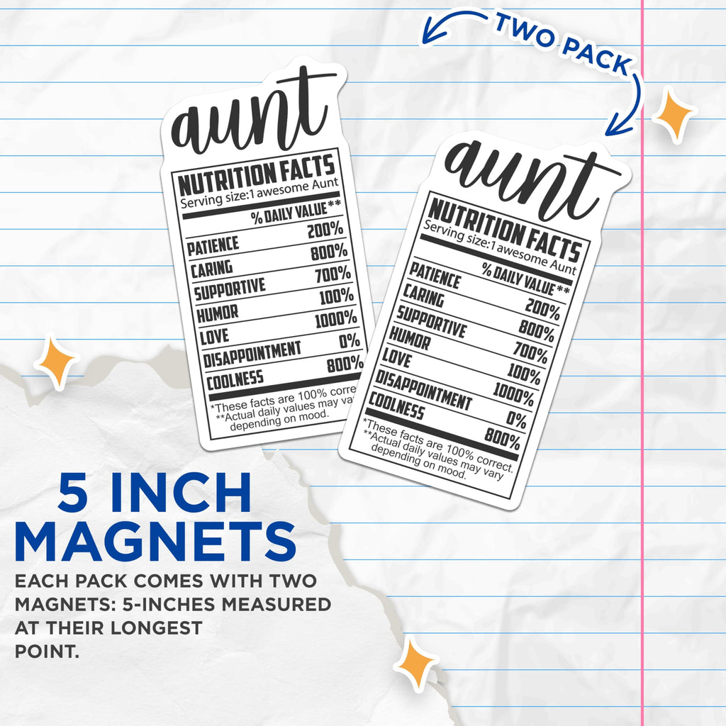 (2 Pack) Aunt Nutrition Facts Magnets - Cool Aunt - Auntie Appreciation - 5" On Longest Side - Premium Magnet - for Cars, Refrigerators, Toolboxes, Lockers - Made in USA - MAG14870