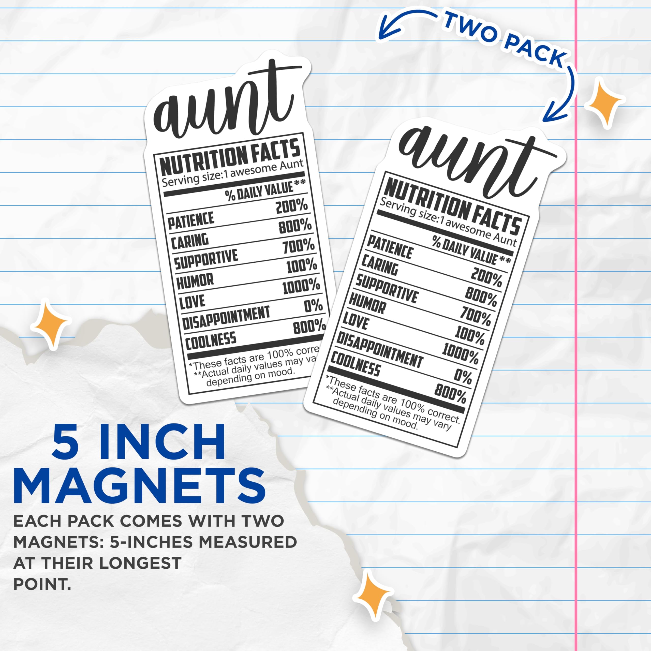 (2 Pack) Aunt Nutrition Facts Magnets - Cool Aunt - Auntie Appreciation - 5" On Longest Side - Premium Magnet - for Cars, Refrigerators, Toolboxes, Lockers - Made in USA - MAG14870