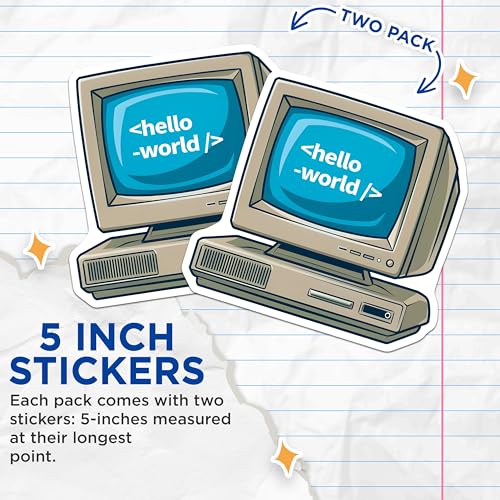 (2 Pack) Retro Computer Stickers - Vintage Computer Art - Hello World Code - 5" On Longest Side - Sticks to Smooth Flat Surfaces - Made in USA - BMCS7420
