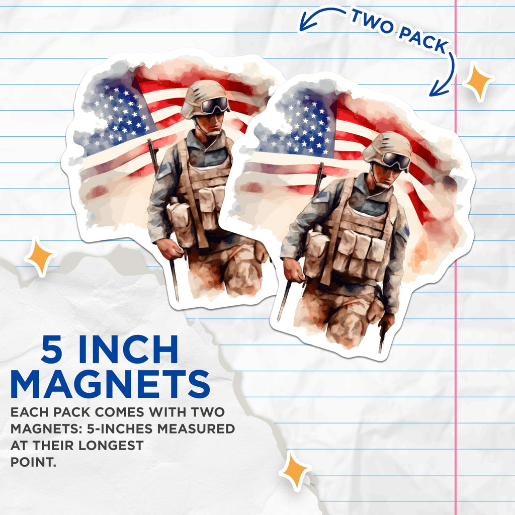 (2 Pack) US Military Soldier Magnets - American Flag Patriotic Art - Veteran Appreciation Remembrance Decor - 5 Inches On Longest Side - Thick Durable Magnet - Made in USA - MAG21664