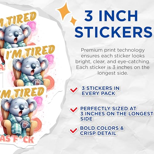 (3 Pack) Tired Koala Decals - Funny Laptop Decal - Sleepy Animal Decal- 3 Inches On Longest Side - Easy Peel & Apply - Made in USA - 3MCS5836