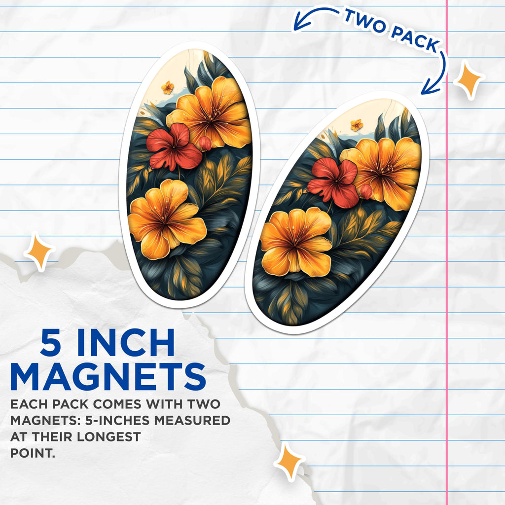 (2 Pack) Tropical Floral Magnets - Yellow Hibiscus Decor - Botanical Refrigerator Art - Exotic Flower Home Accents - 5 Inches On Longest Side - Thick Durable Magnet - Made in USA - MAG27991