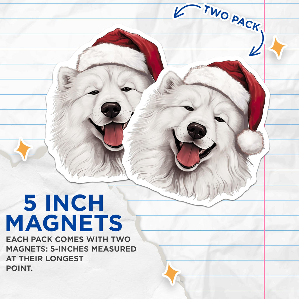 (2 Pack) Samoyed Dog Christmas Magnets - Santa Hat Puppy - Happy White Dog - Festive Animal Lover Decor - 5 Inches On Longest Side - Thick Durable Magnet - Made in USA - MAG25998