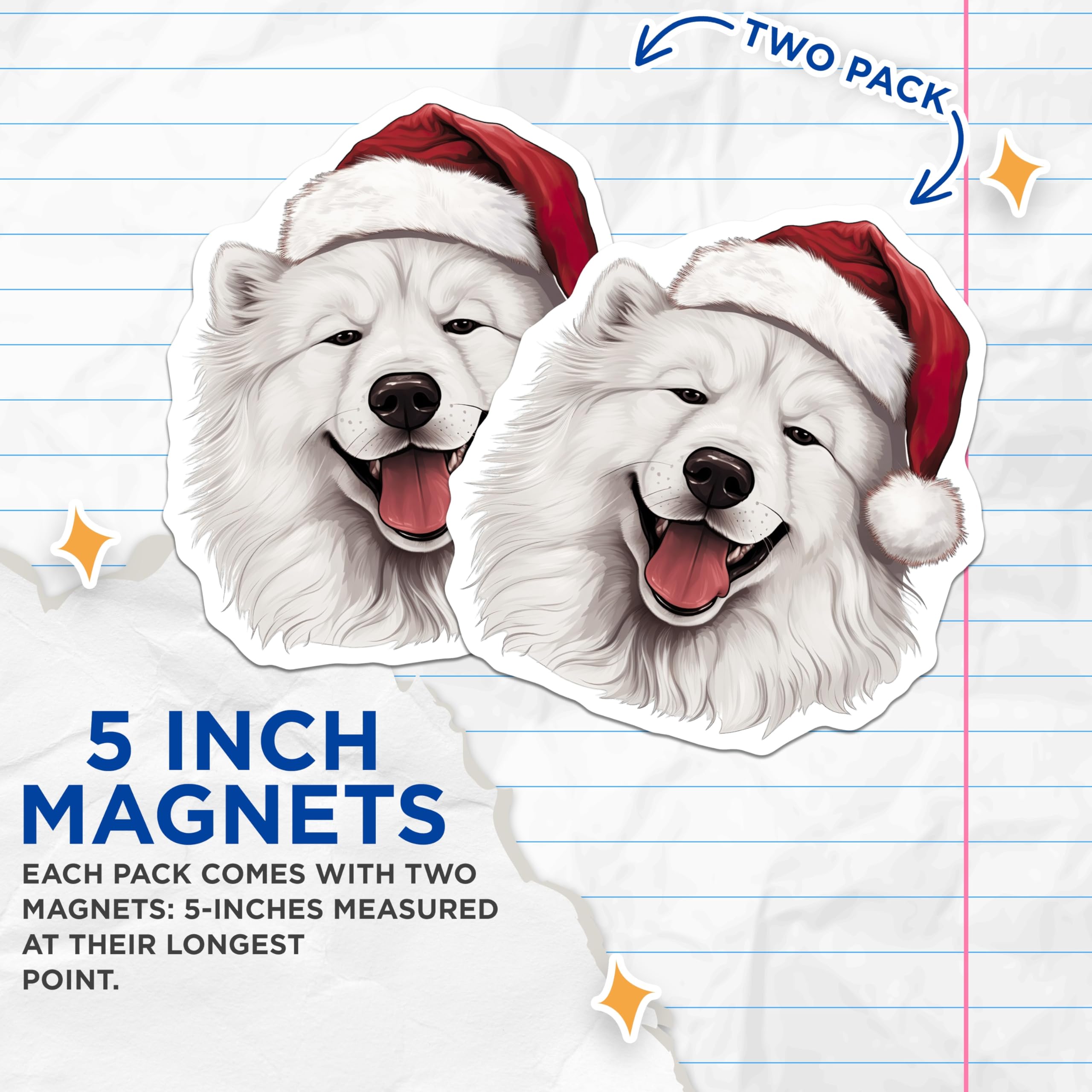 (2 Pack) Samoyed Dog Christmas Magnets - Santa Hat Puppy - Happy White Dog - Festive Animal Lover Decor - 5 Inches On Longest Side - Thick Durable Magnet - Made in USA - MAG25998