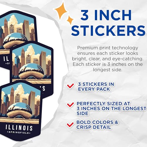 (3 Pack) Chicago Illinois Decals - Springfield Skyline - Travel Souvenir - 3 Inches On Longest Side - Easy Peel & Apply - Made in USA - 3MCS0354